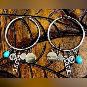 Mary Margrill 14k Gold “Love, I AM Blessed” Diam Turquoise Charms Hoop Earrings